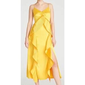 NWT AMUR Leena Pleated Ruffe Satin Maxi Slip Dress in Tuscany Yellow Sz. 12